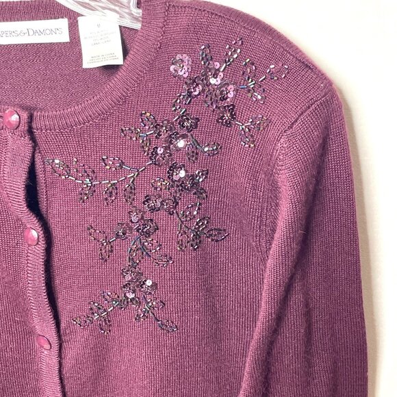 Vtg Drapers & Damons Beaded Button-Front Cardigan Sweater Sz M Purple Wool Blend - Picture 4 of 8